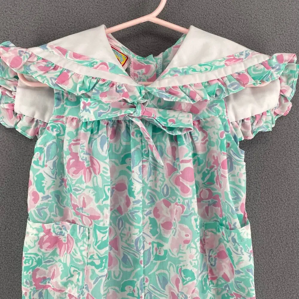 Vintage 80s 90s Lightning Bug Romper Playsuit‎ Kids 2T Floral Ruffle Bow Collar